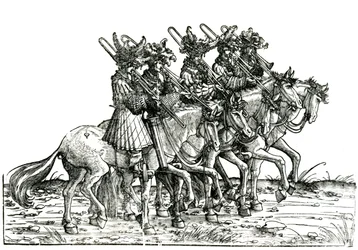 Vijf muzikanten met trombones, uit de Triomftocht van Keizer Maximiliaan I, c.1517